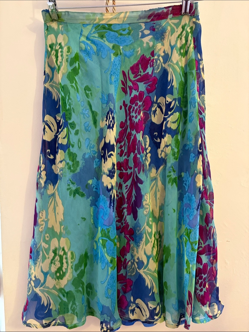 Floral Midi Skirt in Teal, Blue & Magenta.  RAYON